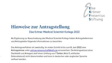 Hinweise zur Antragstellung: Else Kröner Medical Scientist Kollegs 2022
