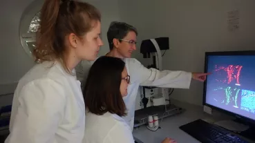 Dr. Walch-Rückheim und Mitarbeiterinnen bei der Analyse von Zervixkarzinombiopsien.