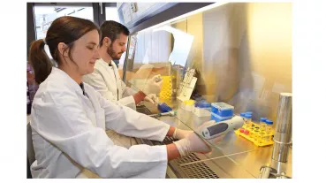Dr. rer. nat. Verena Boschert (left) and Dr. med. Dr. med. dent. Stefan Hartmann (right) working in the lab of the Department of Oral and Maxillofacial Plastic Surgery (University Hospital Würzburg)