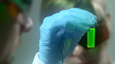 Sonja Johannsmeier and Dr. Dag Heinemann examine a fluorescent sample.