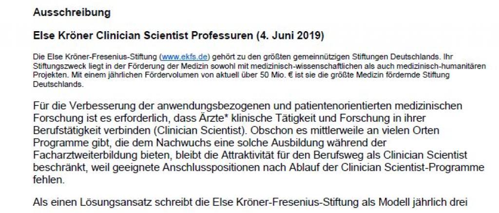 Ausschreibung Else Kröner Clinician Scientist Professuren