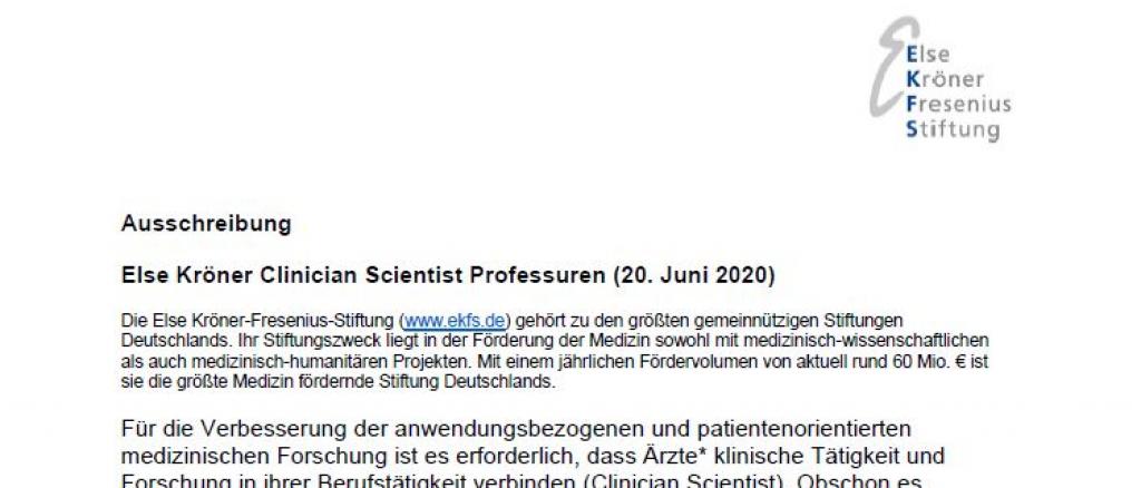 Ausschreibung: Else Kröner Clinician Scientist Professuren 2020