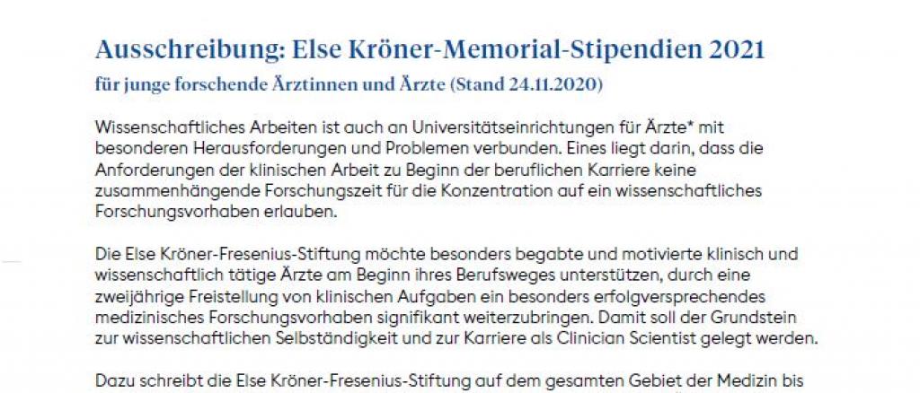 Ausschreibung: Else Kröner-Memorial-Stipendien