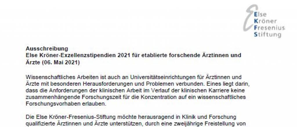 Ausschreibung Else Kröner Exzellenzstipendien 2021