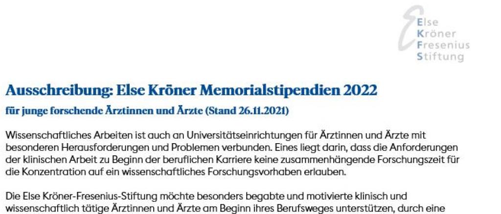 Ausschreibung: Else Kröner Memorialstipendien 