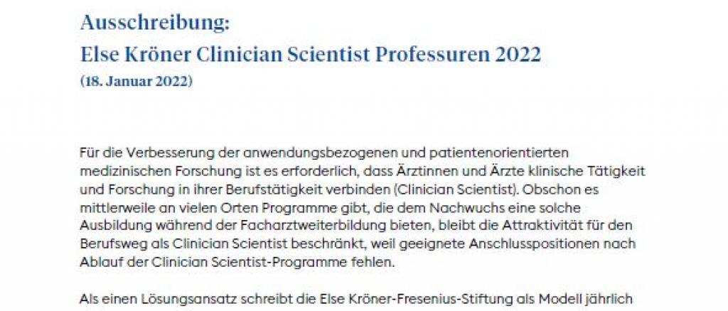 Else Kröner Clinician Scientist Professuren 2022: Ausschreibung