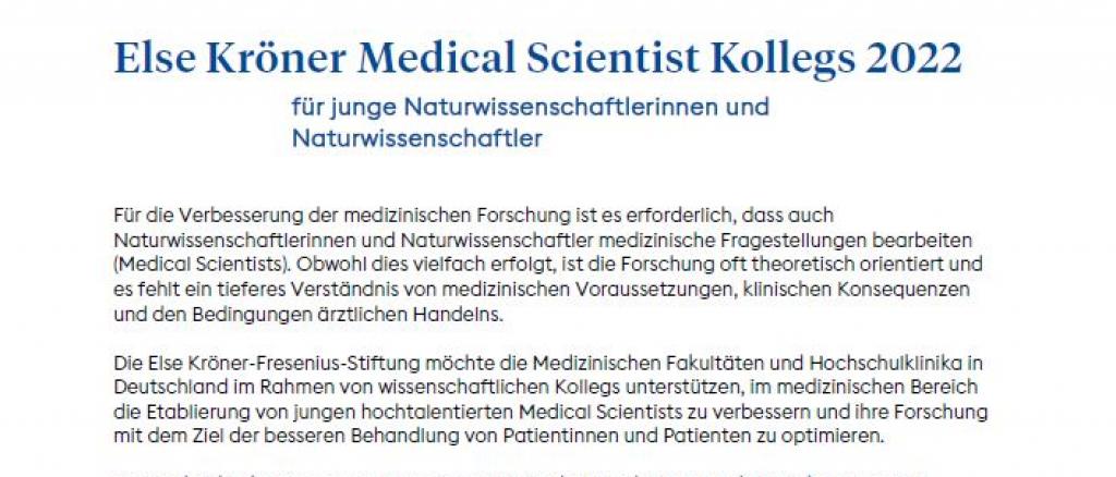 Ausschreibung: Else Kröner Medical Scientist Kollegs 2022