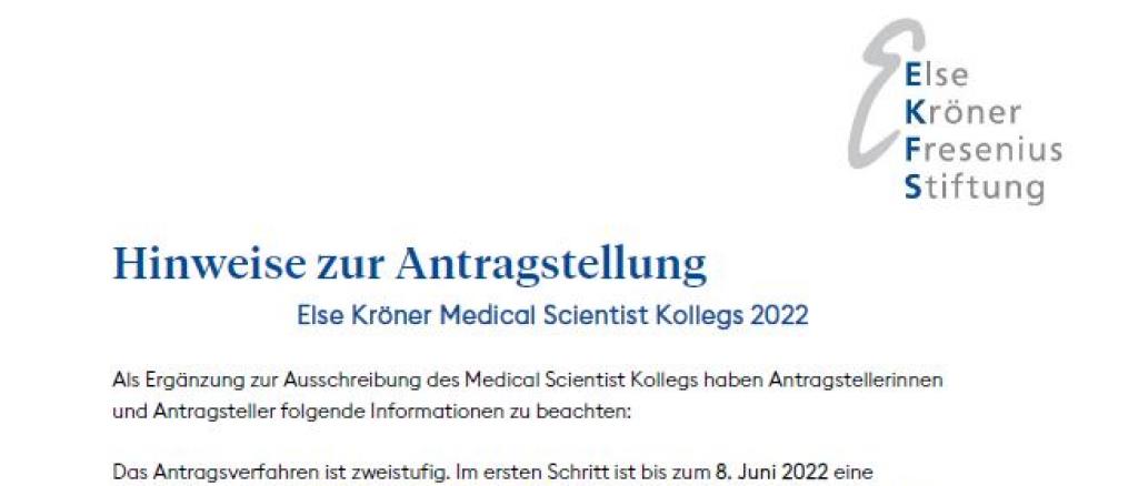 Hinweise zur Antragstellung: Else Kröner Medical Scientist Kollegs 2022