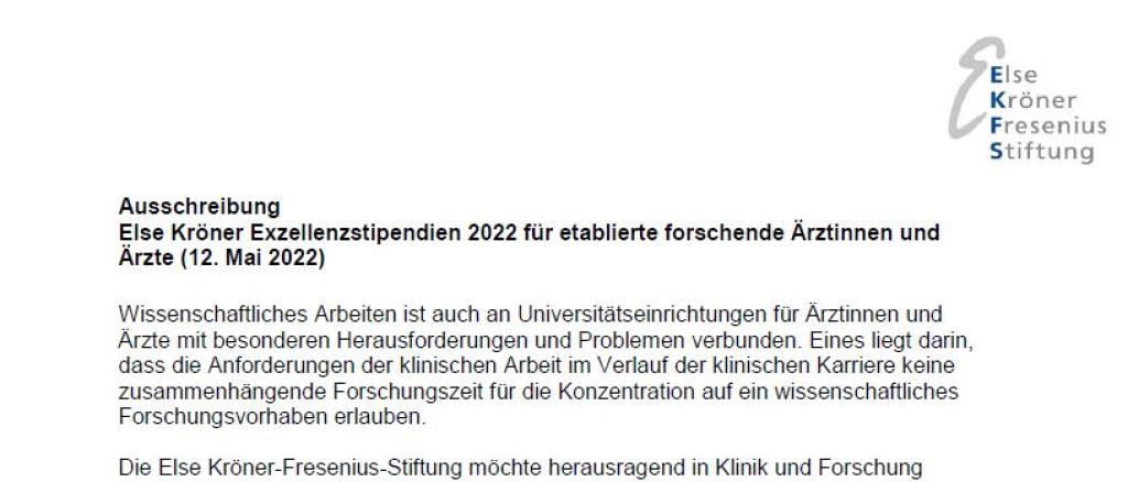Ausschreibung Else Kröner Exzellenzstipendien 2022