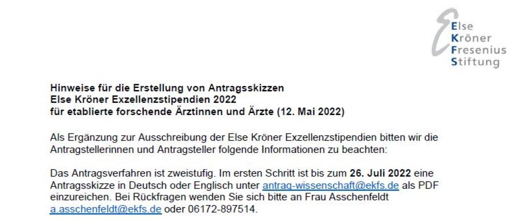 Hinweise Else Kröner Exzellenzstipendien 2022