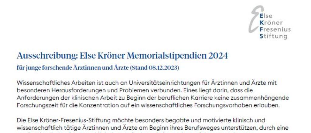 Else Kröner Memorialstipendien 2024: Ausschreibung